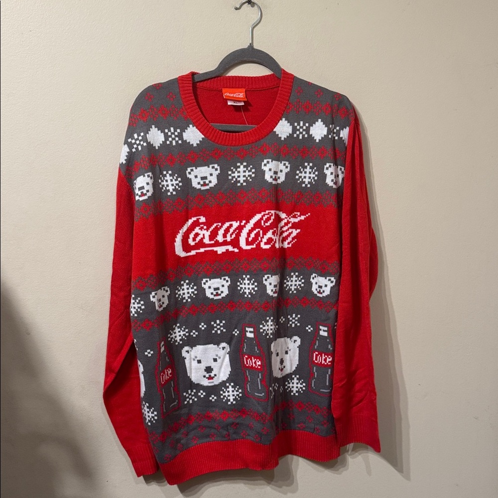 Unisex Red Coca Cola Holiday Sweater sz XL Polar Bears Snow Flakes Coke Bottles